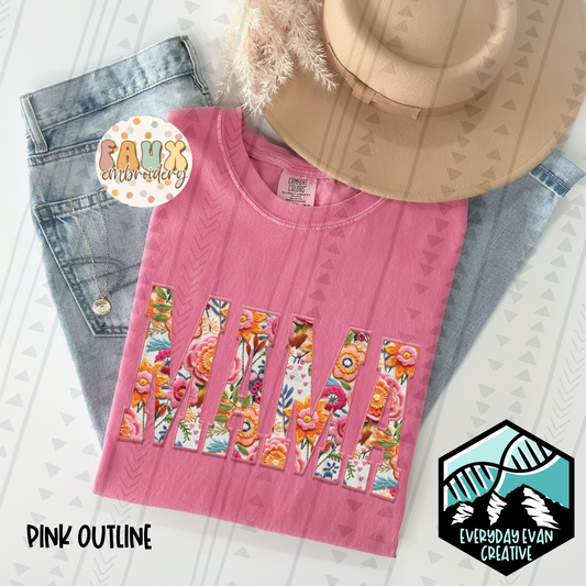 Mama Bright Floral Pink Faux Embroidery