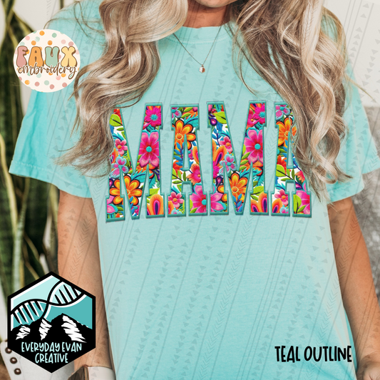 Mama Bright Floral Teal Faux Embroidery