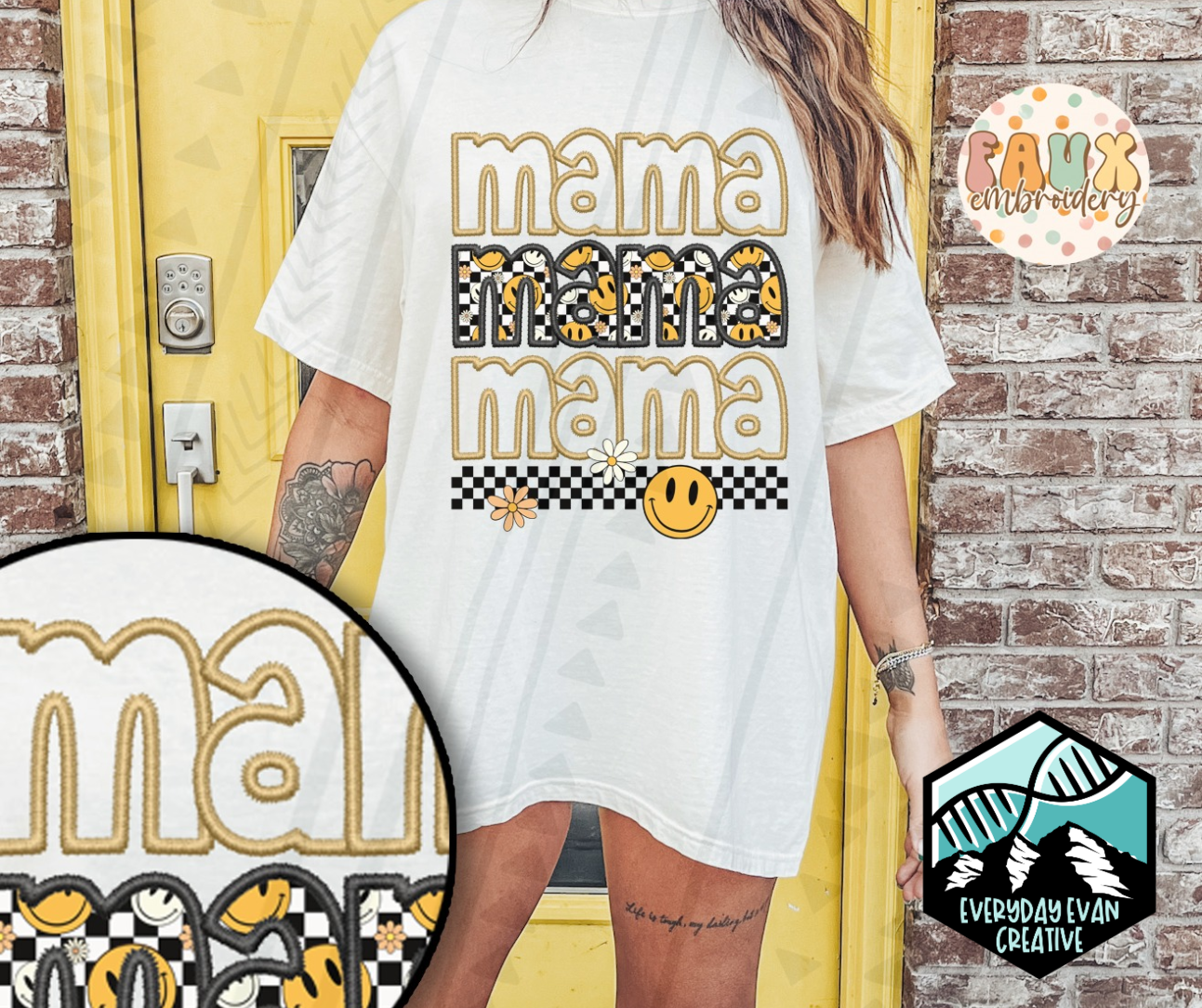A close up of a white woman in an oversized white t-shirt. The design on the shirt is faux embroidery. It says "mama" in gold, then "mama" in a black outline with a checkered design filling the letters with yellow and white happy faces. "Mama" is then repeated in a lighter gold outline. The bottom of the design is black checkered with two flowers and a yellow happy face. On the bottom left, there is a zoomed in image of the detail in the design highlighting the faux embroidery look.
