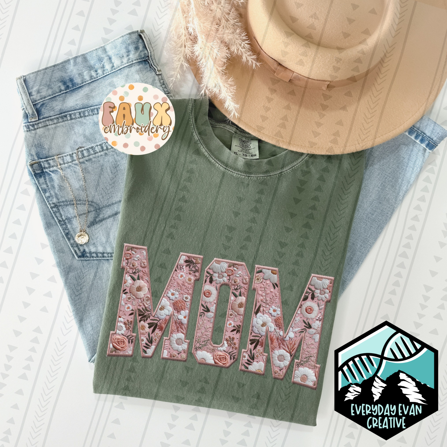 Mom Pink Floral Faux Embroidery
