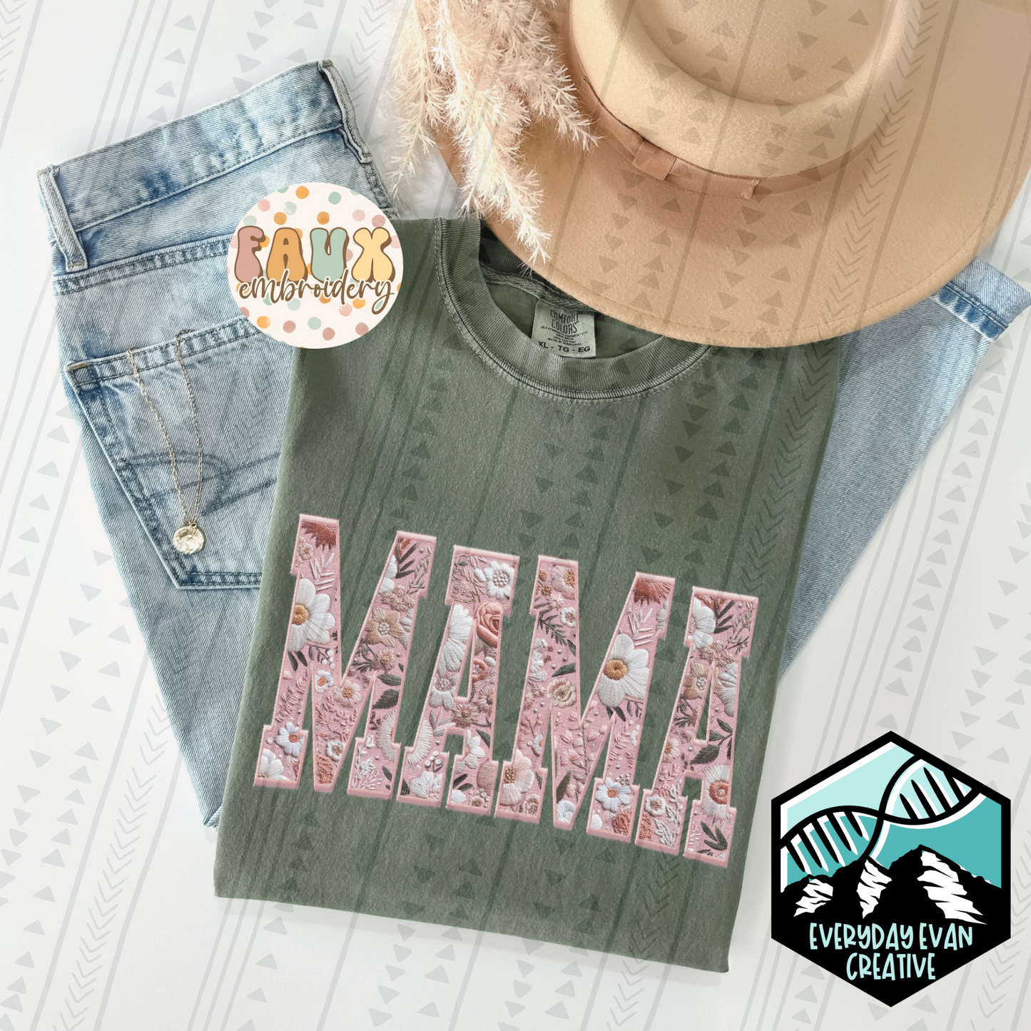 Mama Pink Floral Faux Embroidery