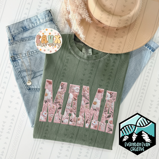 Mama Pink Floral Faux Embroidery