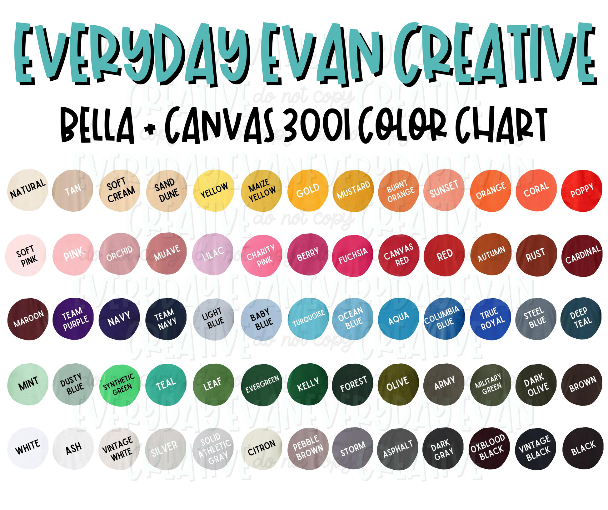 Color chart for Bella + Canvas 3001 garments