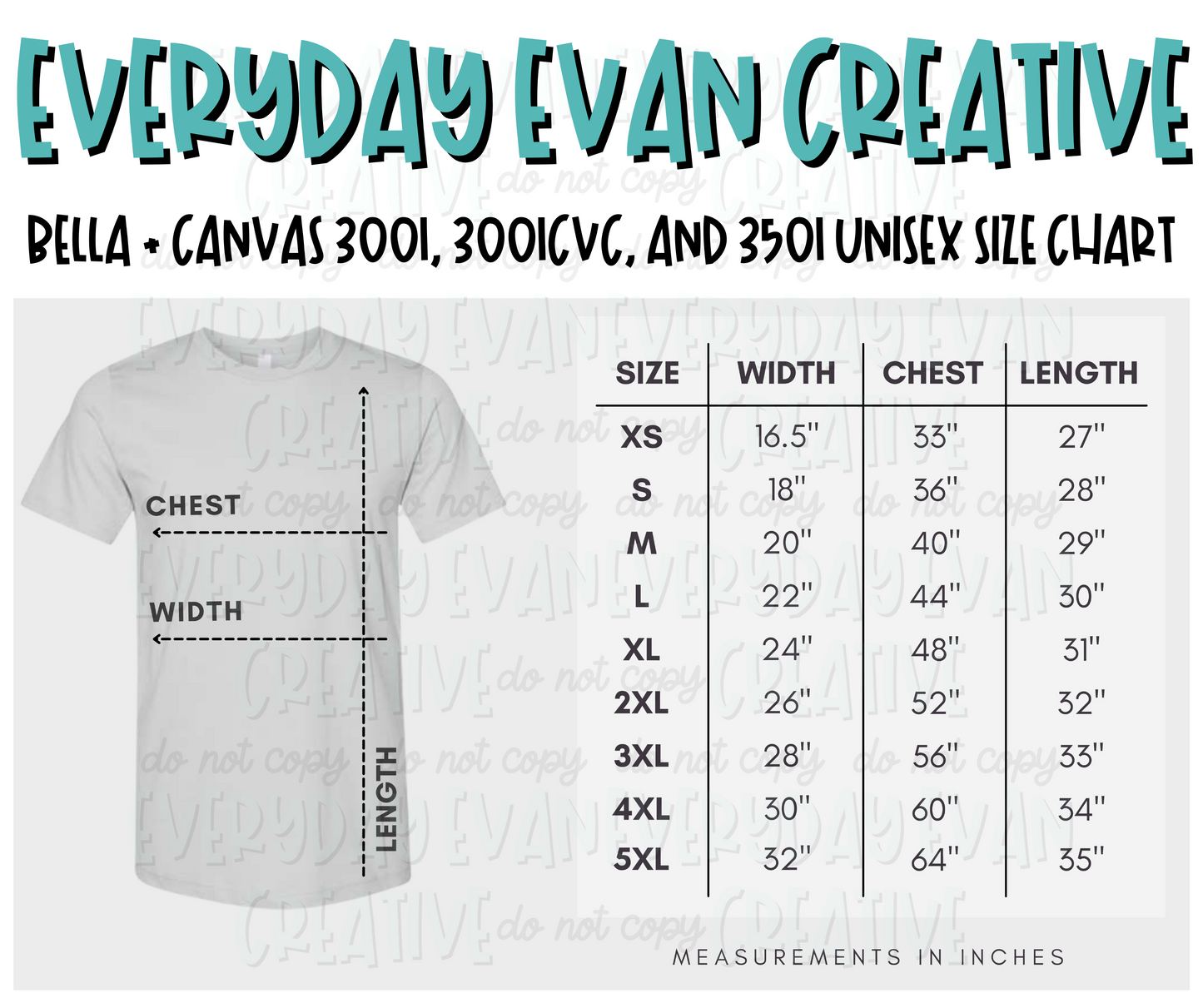 Size chart for Bella + Canvas 3001, 3001CVC, and 3501