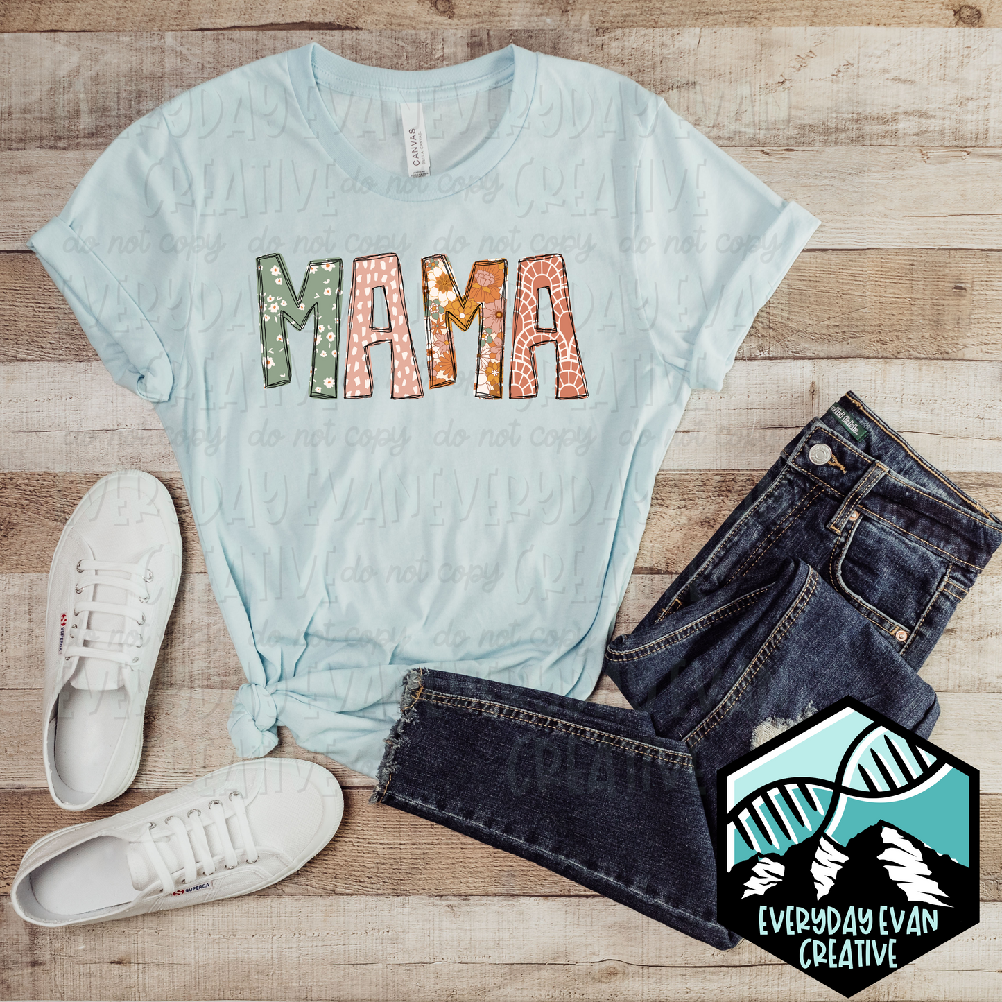 Image of a t-shirt with a Boho design that reads Mama