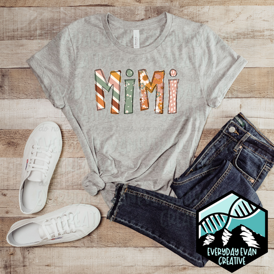 Image of a t-shirt with a Boho design that reads Mimi