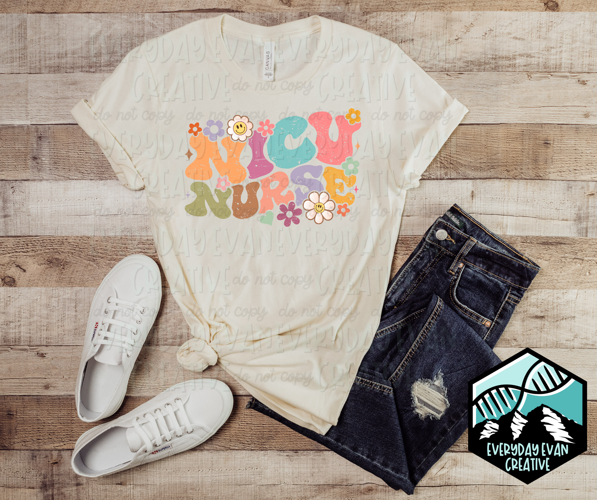 Image of a t-shirt with a retro NICU Nurse design with floral motifs