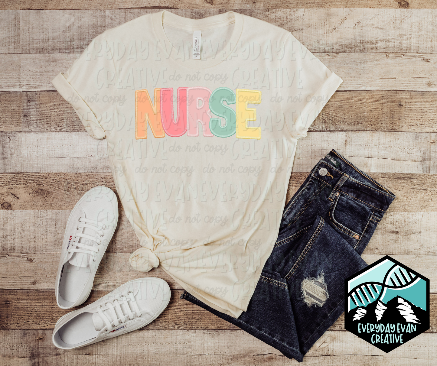Image of a t-shirt with a Nurse Faux Embroidery design in multicolored font